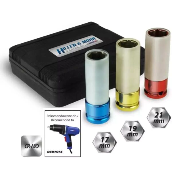 Set tubulare impact 1/2" 17/19/21 mm CrMo pentru jante aluminiu