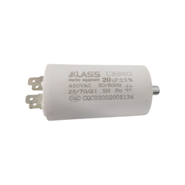 Condensator electric KLASS 20µF, 450VAC, alb, pentru aplicații diverse