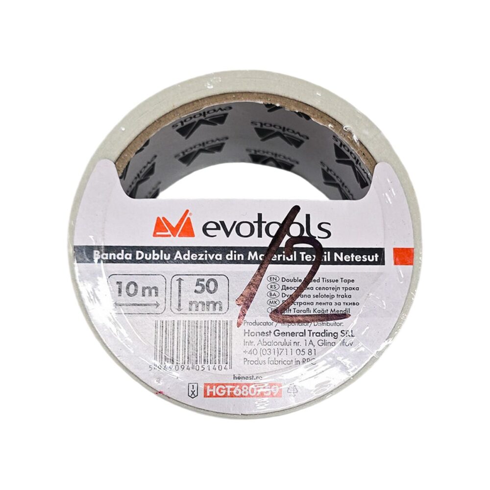 Banda dublu adeziva evotools din material textil, alba, 50mm x 10m