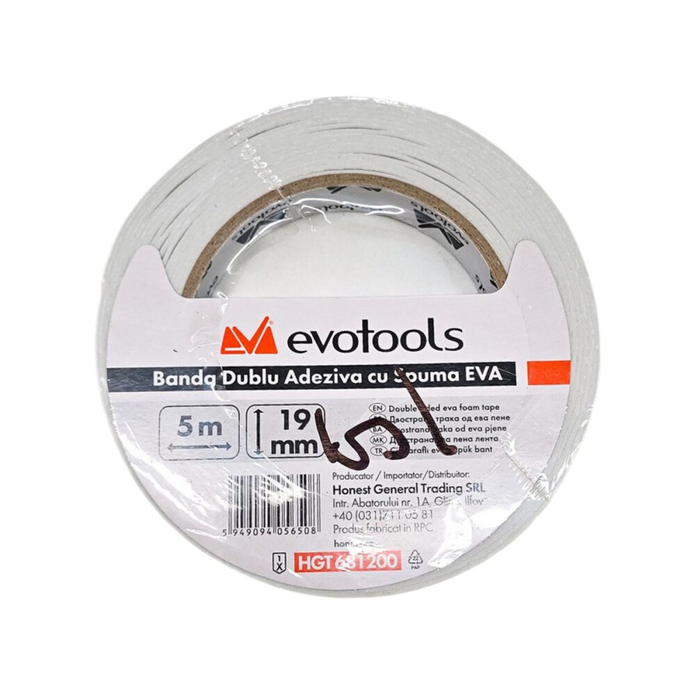 Banda dublu adeziva evotools cu spuma EVA, transparenta, 19mm