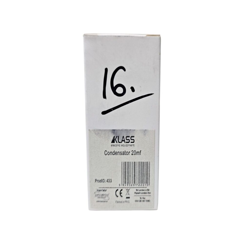 Condensator electric KLASS 20µF, 450VAC, alb, pentru aplicații diverse