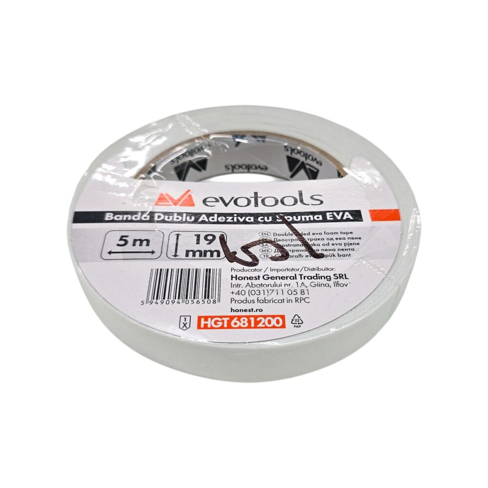 Banda dublu adeziva evotools cu spuma EVA, transparenta, 19mm