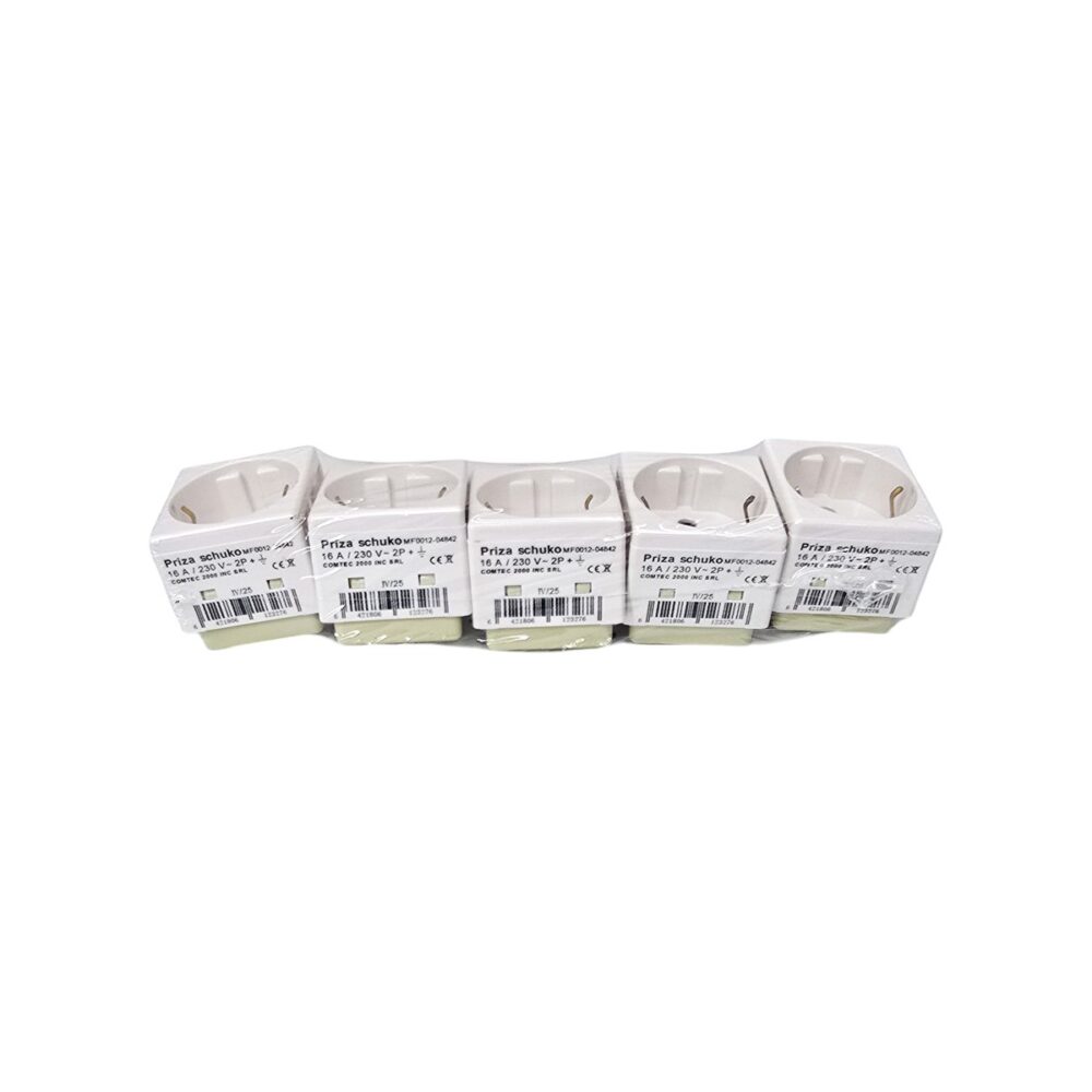 Priză Schuko albă COMTEC 2000 INC SRL, model MF0012-04042 pentru instalații electrice.