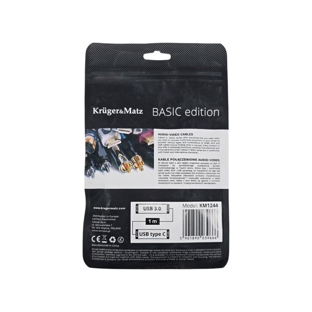 Cablu audio-video Kruger&Matz KM1244 USB Type-C, 1 metru, negru