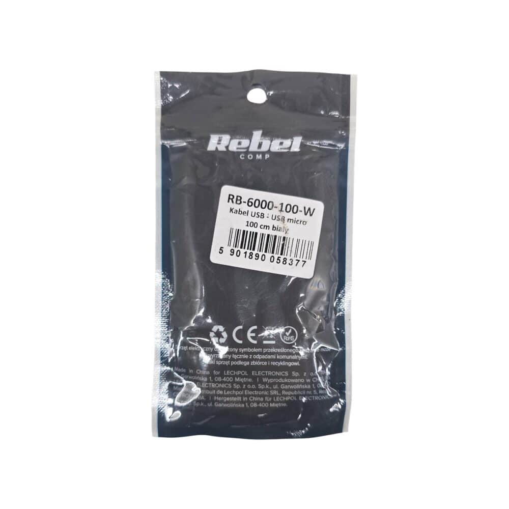 Cablu USB Rebel RB-6000-100-W, micro USB, alb, 100 cm