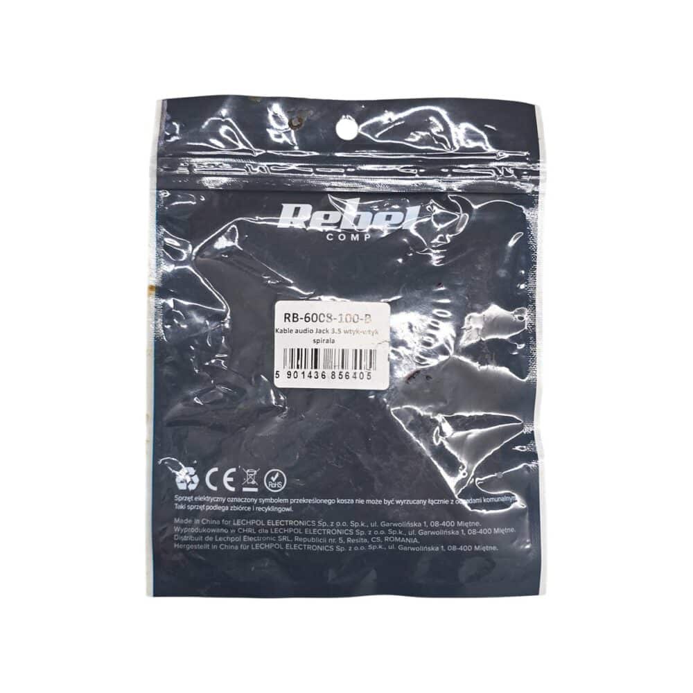 Cablu audio spiralat Rebel RB-60CS-100-B, jack 3.5mm, negru