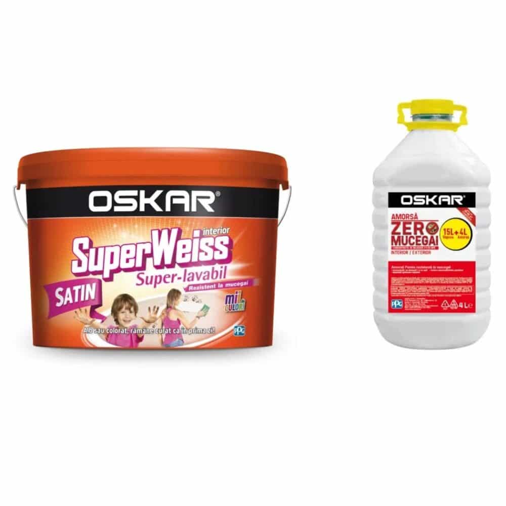 Vopsea super-lavabilă Oskar SuperWeiss Satin 15L și Amorsă Zero Mucegai 4L - imagine 1