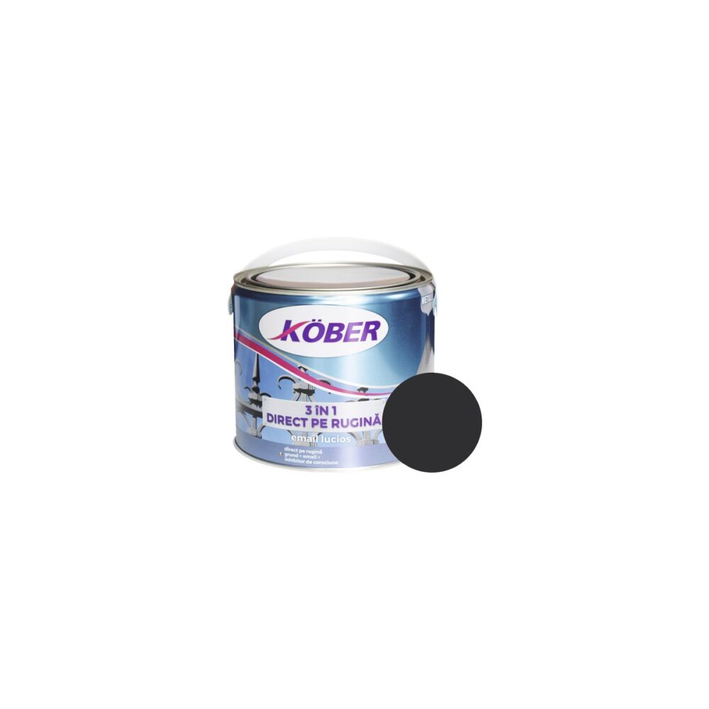 Vopsea metal 3 în 1 Kober Direct pe Rugină, email lucios, negru, 2.5L - imagine 1