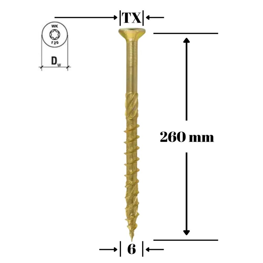 Șurub pentru lemn Klimas 6 x 260 mm, cap înecat, amprentă TX - imagine 1