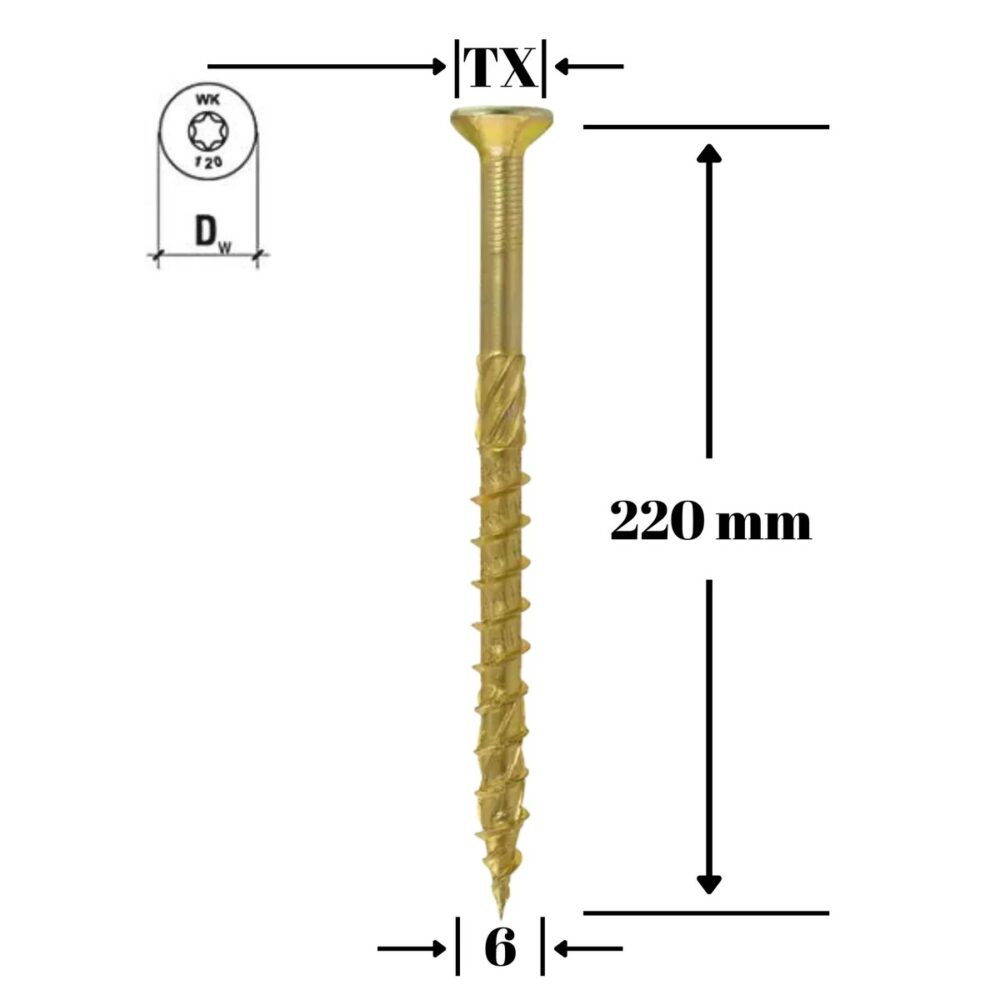 Șurub pentru lemn Klimas 6 x 220 mm, cap înecat, amprentă Torx - imagine 1