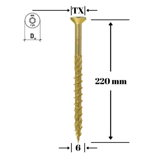 Șurub pentru lemn Klimas 6 x 220 mm, cap înecat, amprentă Torx - imagine 1