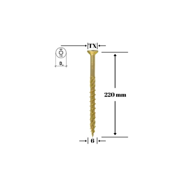 Șurub pentru lemn Klimas 6 x 220 mm, cap înecat, amprentă Torx - imagine 1
