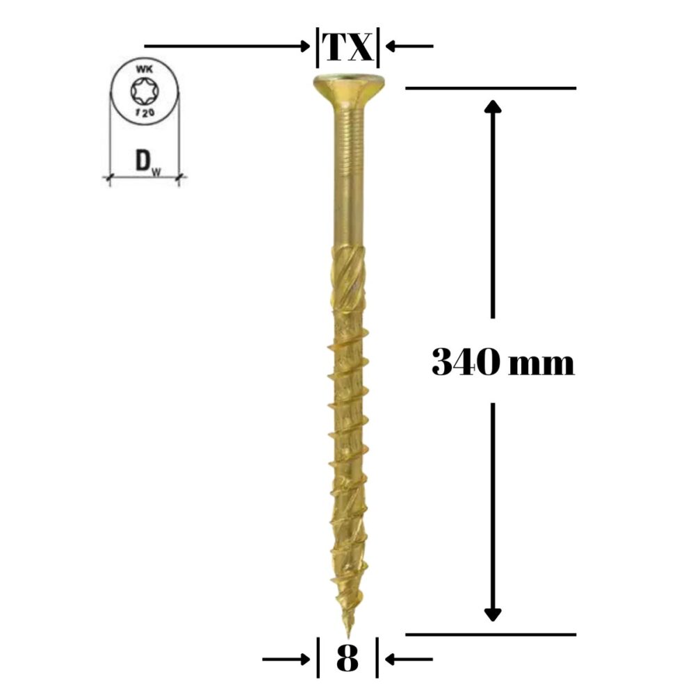 Șurub pentru lemn Klimas 8 x 340 mm, cap înecat, amprentă Torx (TX) - imagine 1