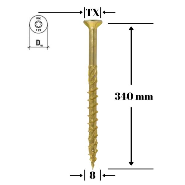 Șurub pentru lemn Klimas 8 x 340 mm, cap înecat, amprentă Torx (TX) - imagine 1