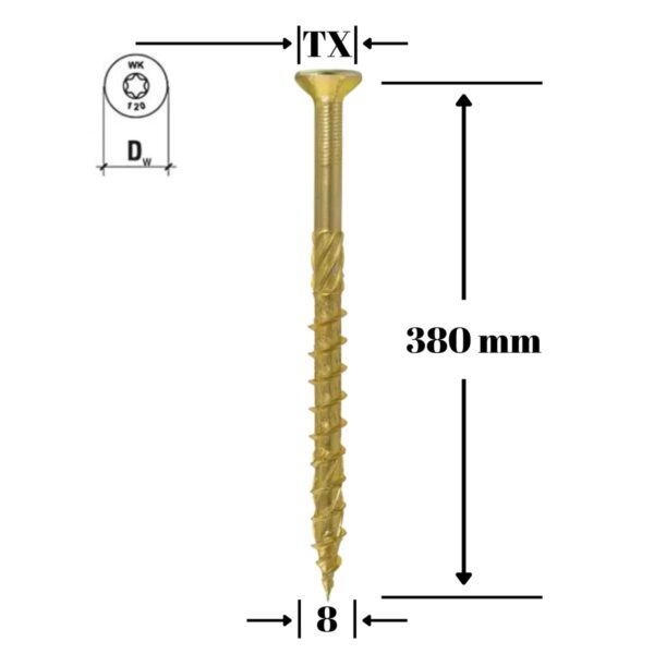 Șurub pentru lemn Klimas 8 x 380 mm, cap înecat, amprentă TX - imagine 1