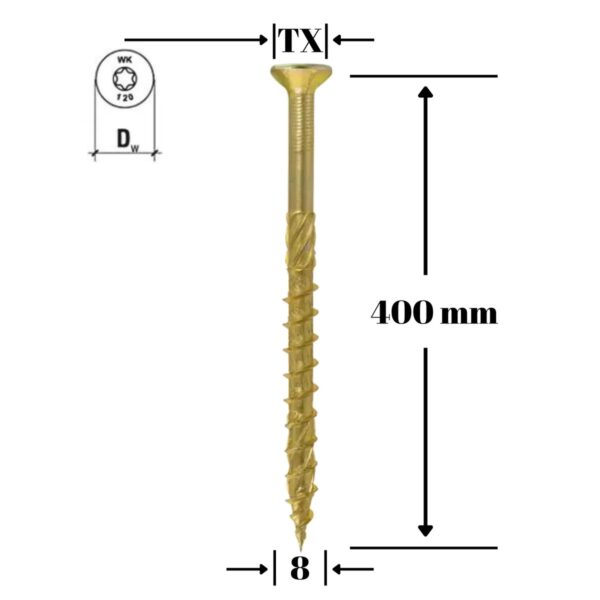 Șurub pentru lemn Klimas 8 x 400 mm, cap înecat, amprentă Torx - imagine 1