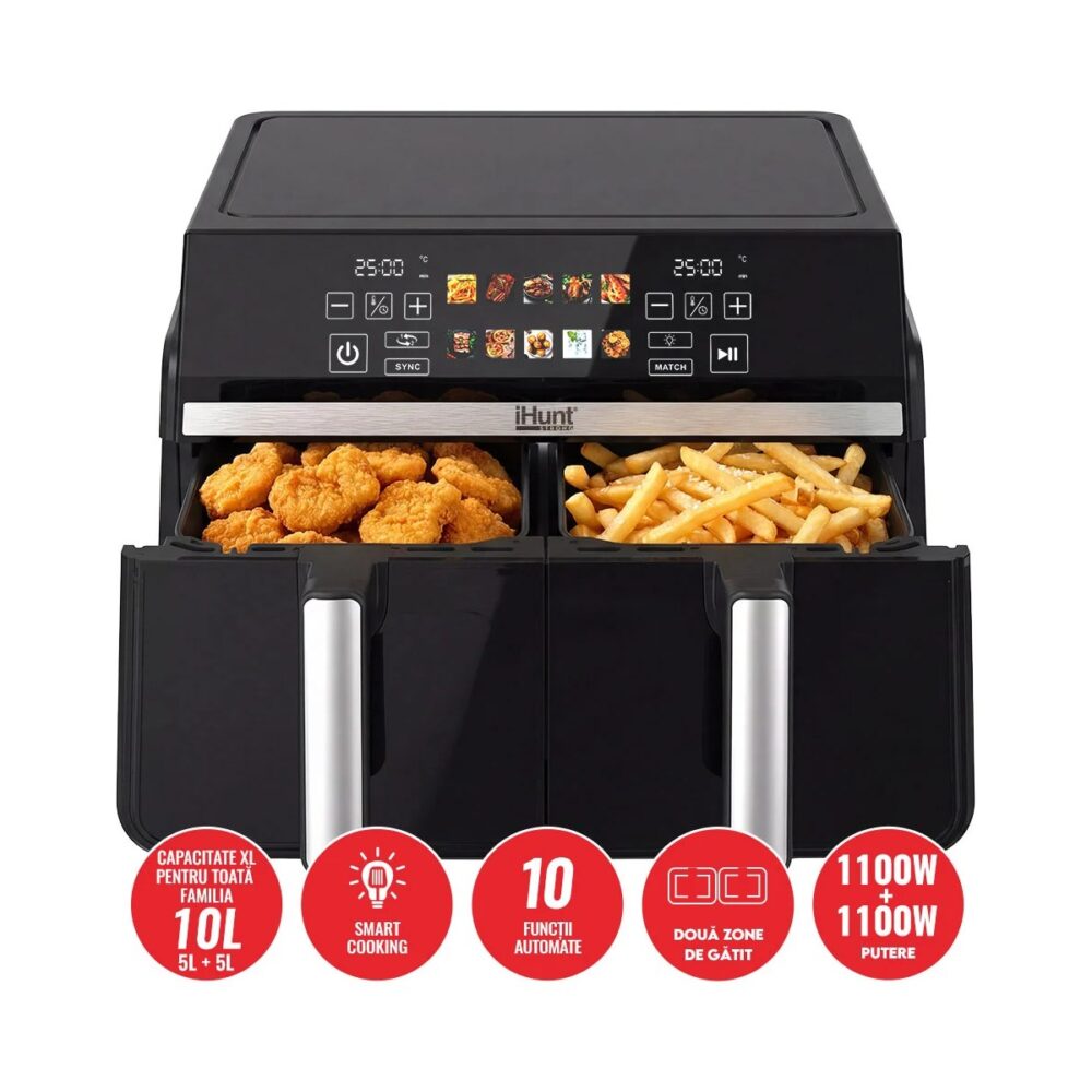 Friteuză cu aer cald iHunt BRO Dual Air Fryer, 10L, 2200W, 10 programe, Dual Zone - imagine 2