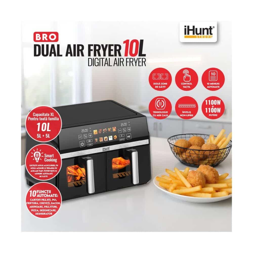Friteuză cu aer cald iHunt BRO Dual Air Fryer, 10L, 2200W, 10 programe, Dual Zone - imagine 3
