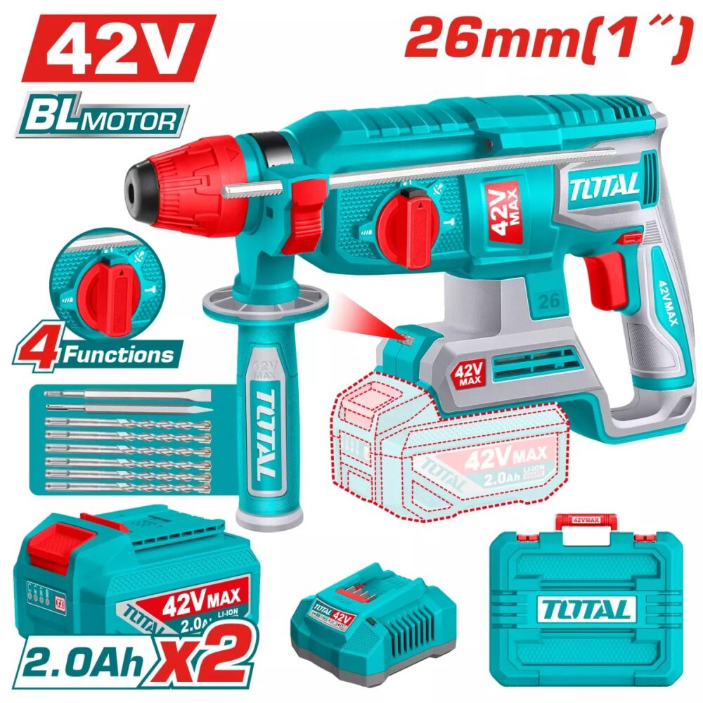 Ciocan rotopercutor cu acumulatori Total TRHLI42268, 42V, Brushless, 26mm, 2 acumulatori 2.0Ah - imagine 1