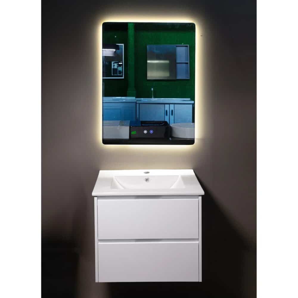 Set mobilier baie suspendat Andra, mască PVC, lavoar ceramic și oglindă LED - imagine 1