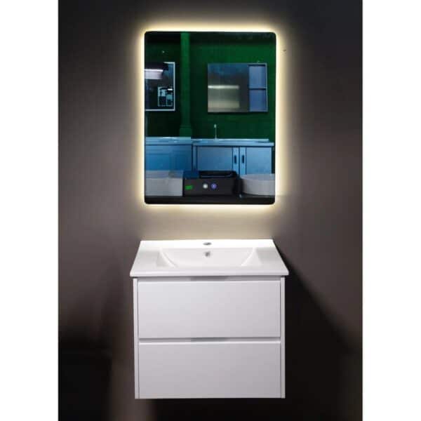 Set mobilier baie suspendat Andra, mască PVC, lavoar ceramic și oglindă LED - imagine 1