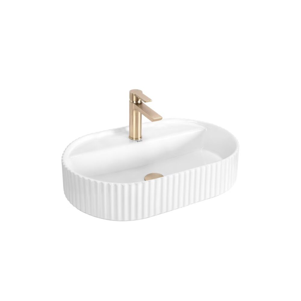 Lavoar ceramic pe blat Rea TR8411G, alb, formă ovală cu design striat - imagine 1