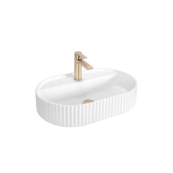 Lavoar ceramic pe blat Rea TR8411G, alb, formă ovală cu design striat - imagine 1