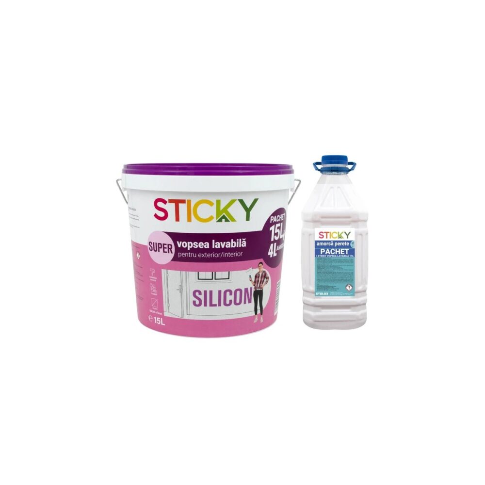 Vopsea lavabilă Sticky Super Sticky exterior/interior Silicon 15L + amorsă 4L - imagine 1
