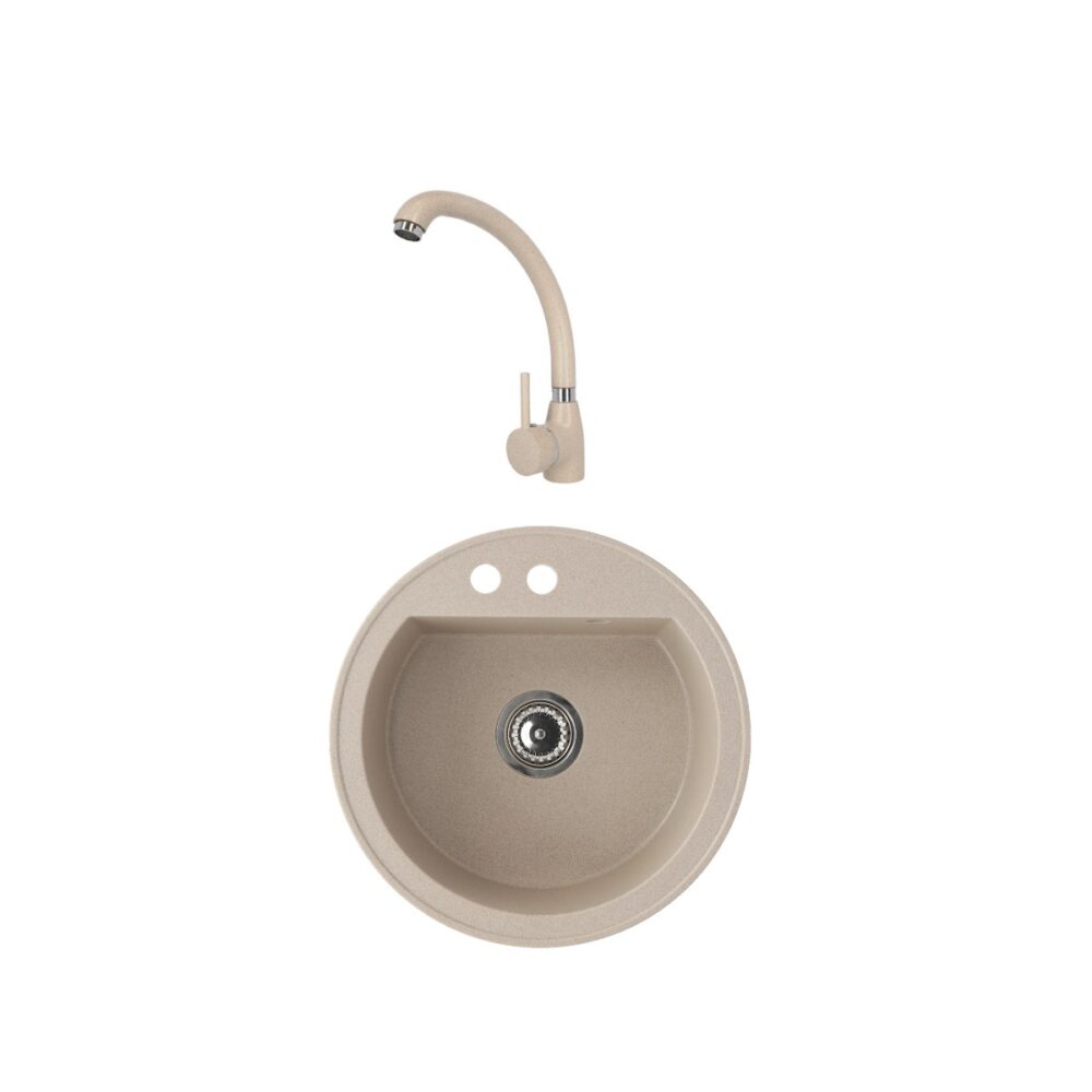Chiuvetă de bucătărie rotundă Rando Sand cu baterie, granit compozit - imagine 3