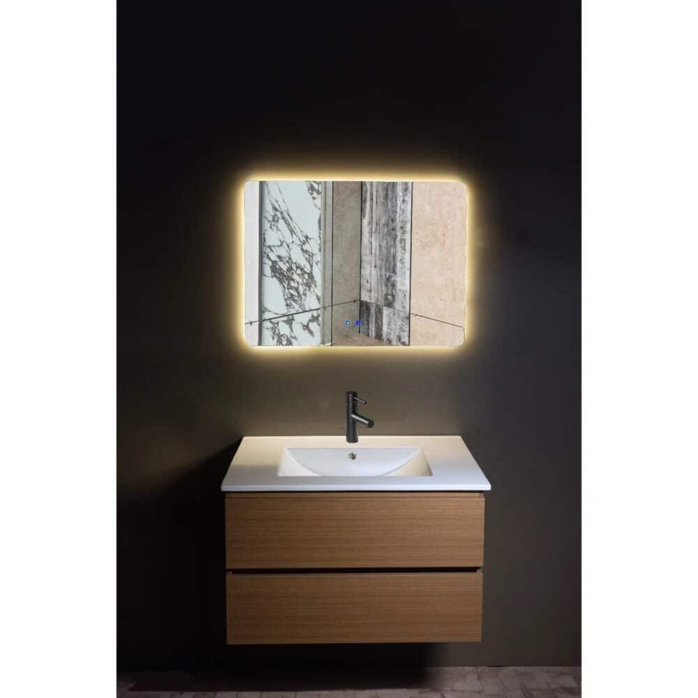 Set mobilier baie PVC maro cu lavoar ceramic și oglindă LED - imagine 1