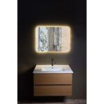 Set mobilier baie PVC maro cu lavoar ceramic și oglindă LED