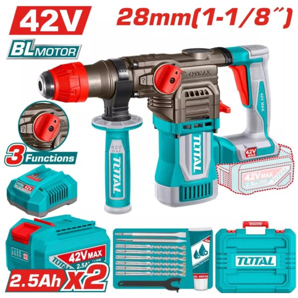 Ciocan rotopercutor cu acumulator TOTAL 42V Max 28mm, 2x2.5Ah Li-Ion, motor brushless - imagine 1