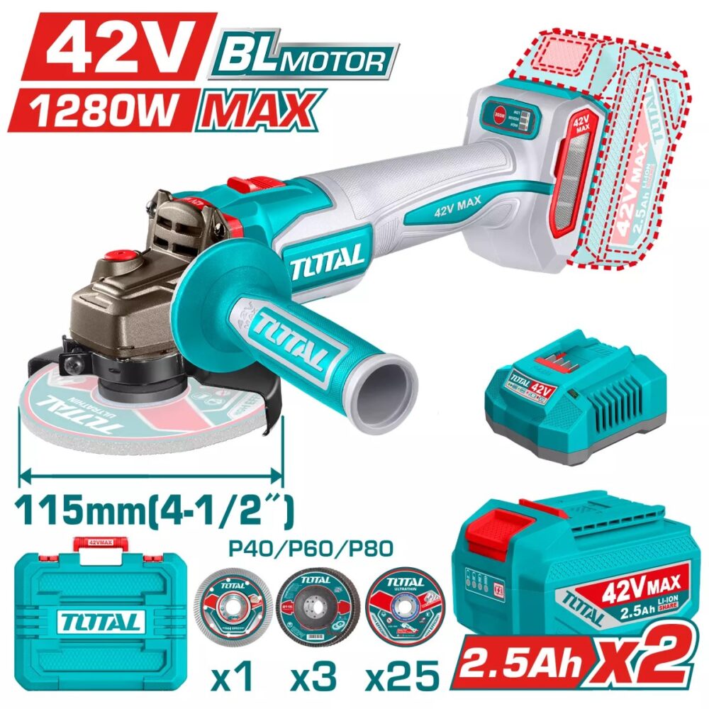 Polizor unghiular Total 42V 1280W Brushless, 115 mm, 2 acumulatori 2.5Ah - imagine 1