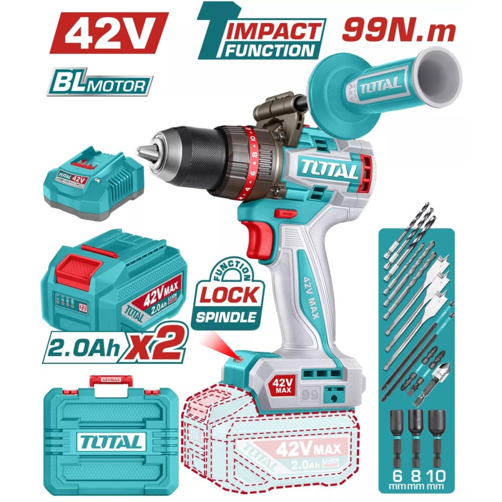 Mașină de găurit cu percuție TOTAL 42V Max, 2x acumulatori 2.0Ah Li-Ion, 99 N.m, motor brushless - imagine 1