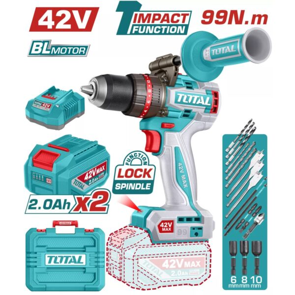 Mașină de găurit cu percuție TOTAL 42V Max, 2x acumulatori 2.0Ah Li-Ion, 99 N.m, motor brushless - imagine 1