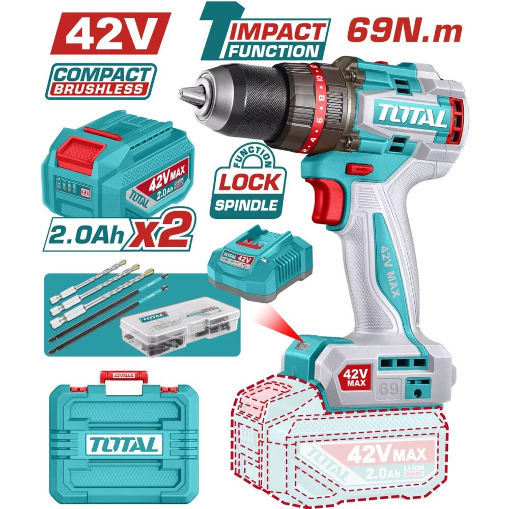 Mașină de găurit cu percuție cu acumulator Total TIDLI426982E, 42V Max, 69 Nm, brushless, 2x 2.0Ah - imagine 1