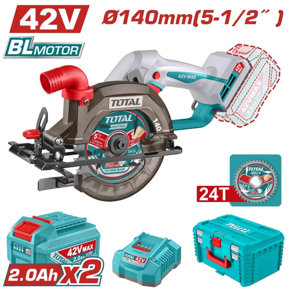 Fierăstrău circular Total 140mm 42V Brushless, 2 acumulatori 2.0Ah - imagine 1