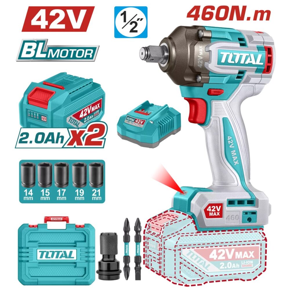 Mașină de înșurubat cu impact Total TIWLI42462E, 42V, 460 Nm, motor brushless, 2x acumulator 2.0Ah - imagine 1
