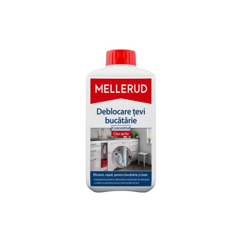 Soluție deblocare țevi bucătărie Mellerud, concentrat clor activ, 1 L - imagine 1
