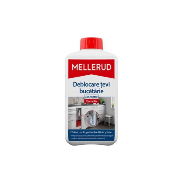 Soluție deblocare țevi bucătărie Mellerud, concentrat clor activ, 1 L - imagine 1
