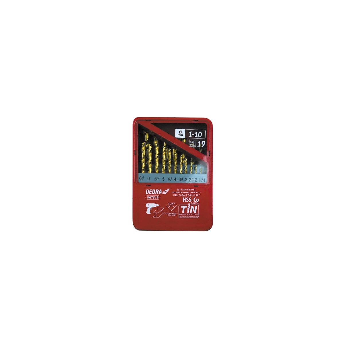 Set 19 burghie pentru metal HSS-Co Dedra WITS19, Ø 1–10 mm, TiN