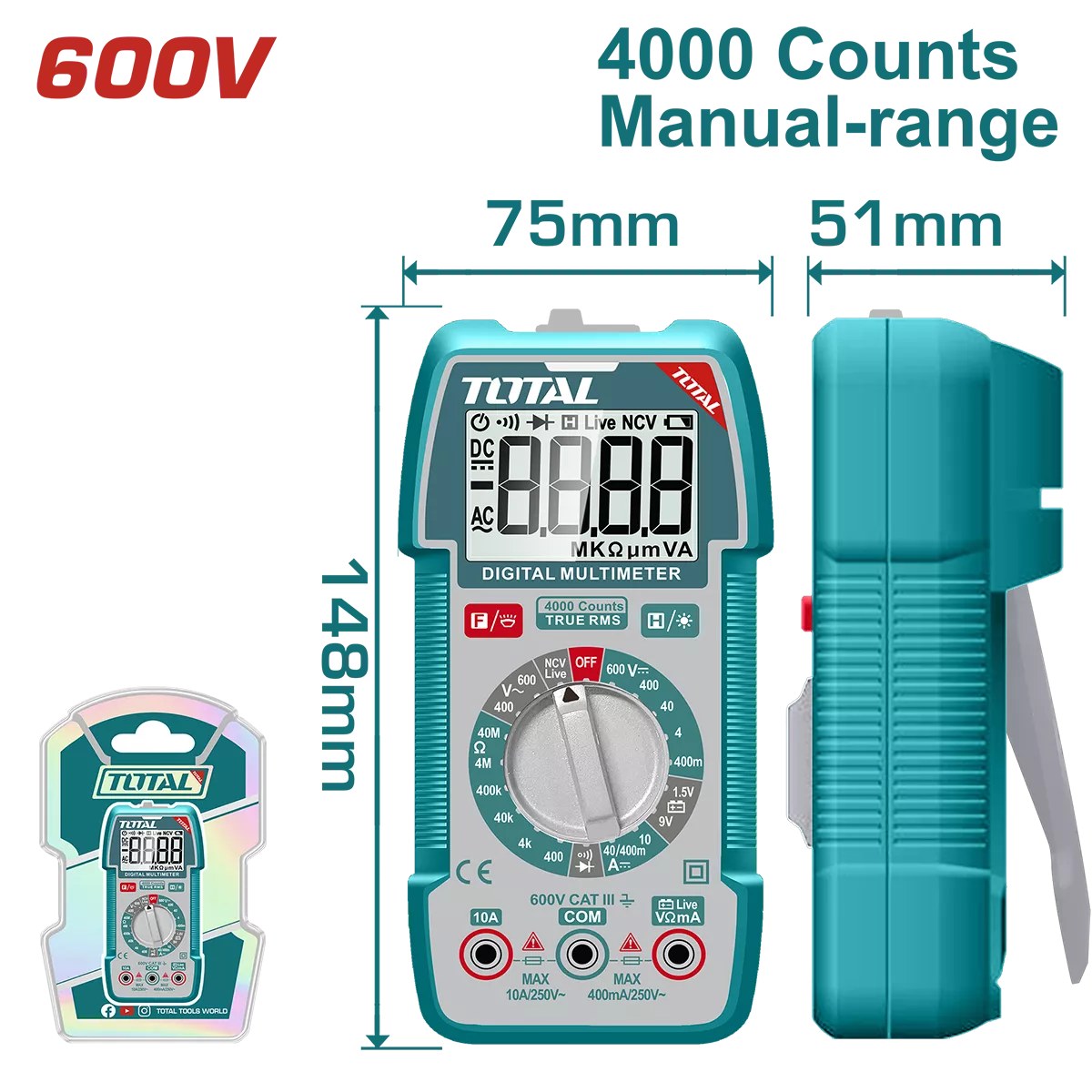 Multimetru digital Total TMT536002, 4000 counts, True RMS, 600V CAT III - imagine 1