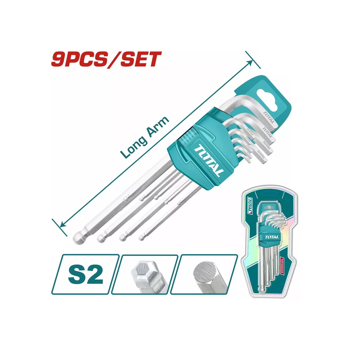 Set 9 chei imbus hexagonale cu braț lung și vârf bilă Total THT106291, 1.5–10 mm