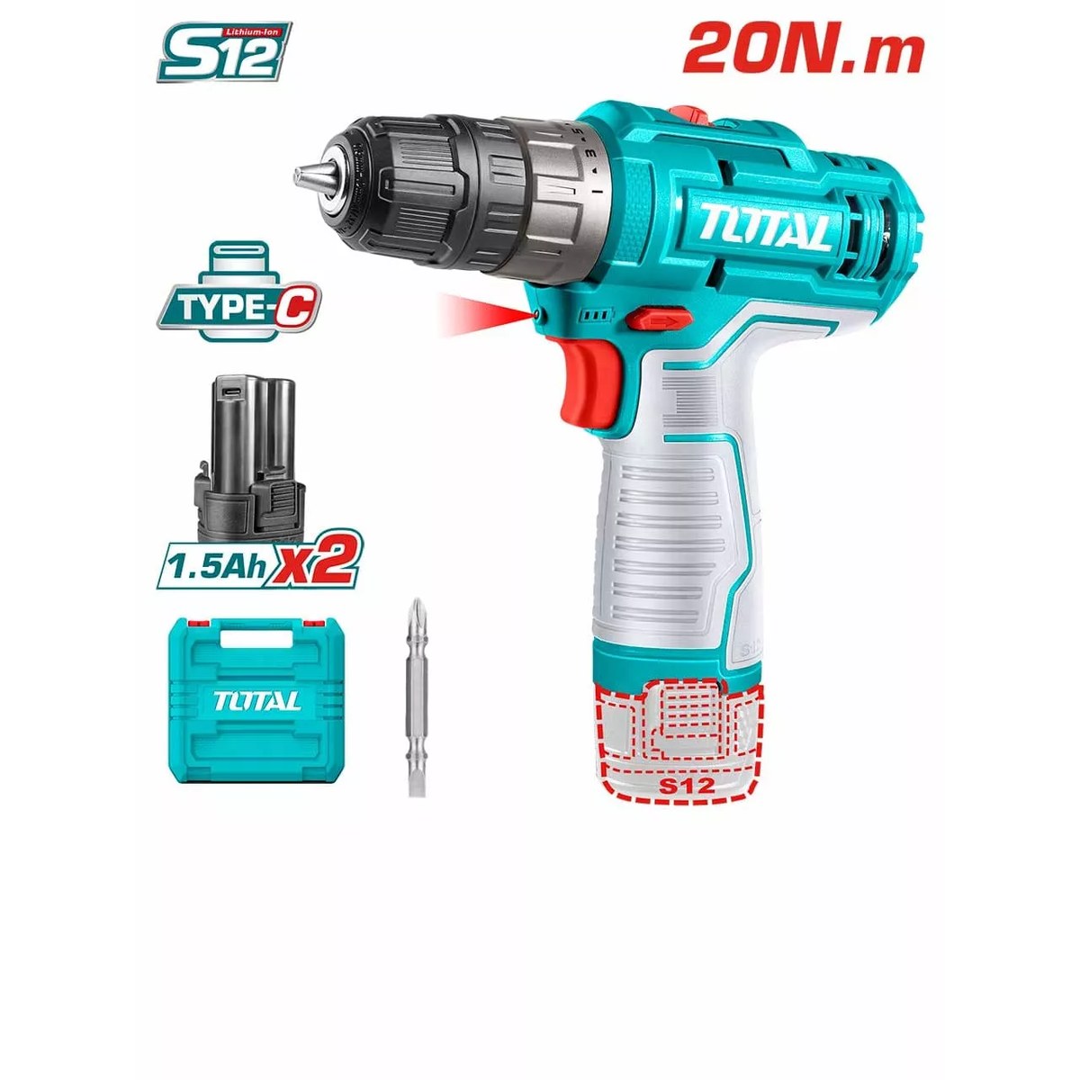 Mașină de găurit cu acumulator Total TDLI12202, 20 Nm, 2 baterii 1.5 Ah, încărcare Type-C